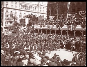View from Above of the Crowd and a Marching Military Group in the Dewey Parade on Fifth Avenue, New York